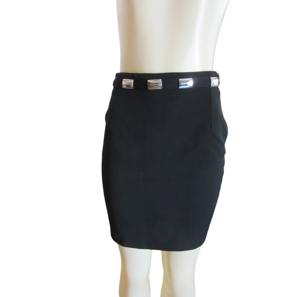 Women’s Vertigo Paris France Black Lined Short Skirt w Silver Buckles in Sz 8,